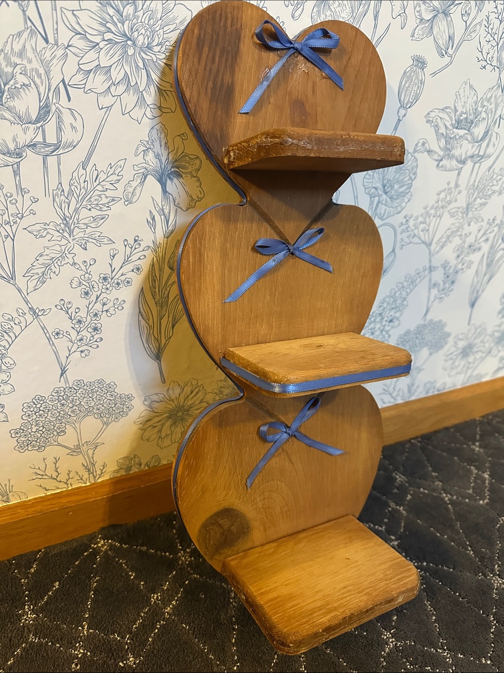 Wooden Heart Tiered Wall Shelf with Blue Ribbon Accents - Picture 3 of 12